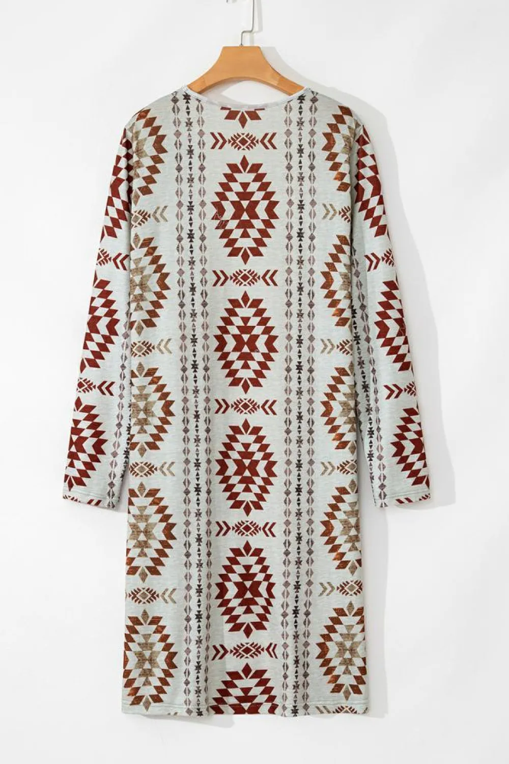 Sale Dear-Lover Western Aztec Printed Open Front Long Cardigan Brown