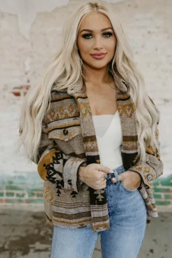 Online Dear-Lover Western Aztec Print Jacket Brown