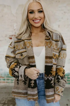 Online Dear-Lover Western Aztec Print Jacket Brown