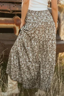 Online Dear-Lover Western Floral Print Ruffled Hem High Waist Loose Maxi Skirt Brown