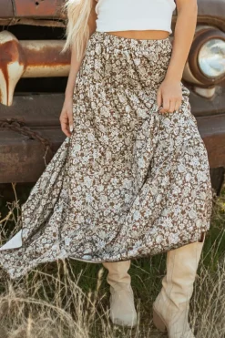 Online Dear-Lover Western Floral Print Ruffled Hem High Waist Loose Maxi Skirt Brown