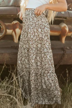 Online Dear-Lover Western Floral Print Ruffled Hem High Waist Loose Maxi Skirt Brown