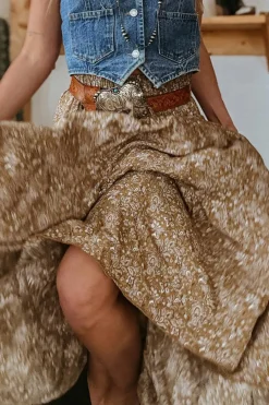 Online Dear-Lover Western Floral Print Ruffled Hem High Waist Loose Maxi Skirt Brown