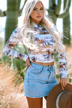 Online Dear-Lover Western Wild Horses Print Hollow-out High Neck Top Brown