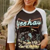 Clearance Dear-Lover Western Yeehaw Graphic Vintage Raglan Long Sleeve Top Brown