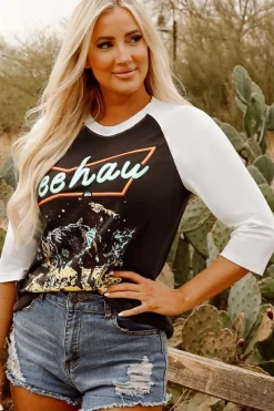Clearance Dear-Lover Western Yeehaw Graphic Vintage Raglan Long Sleeve Top Brown