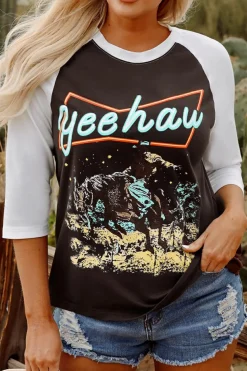 Clearance Dear-Lover Western Yeehaw Graphic Vintage Raglan Long Sleeve Top Brown