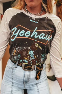Clearance Dear-Lover Western Yeehaw Graphic Vintage Raglan Long Sleeve Top Brown