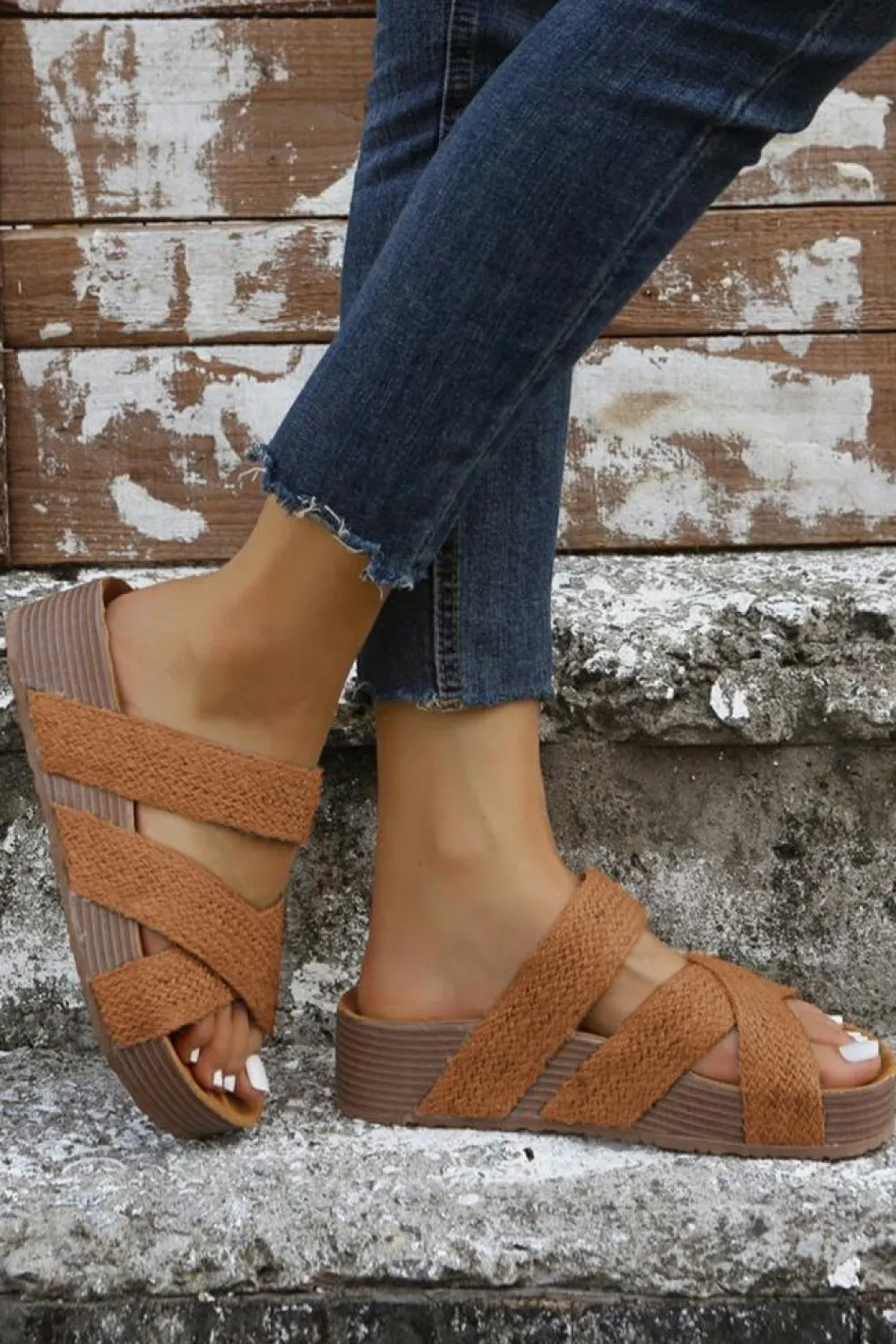 Online Dear-Lover Woven Cross Criss Hollowed Slip-On Slippers Brown