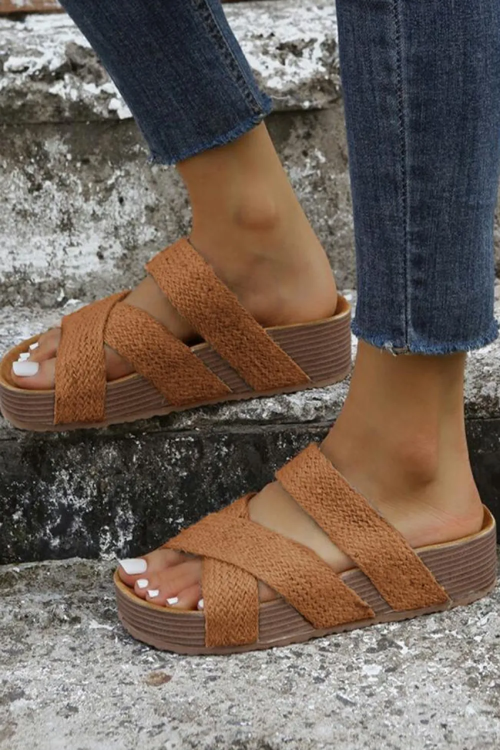 Online Dear-Lover Woven Cross Criss Hollowed Slip-On Slippers Brown
