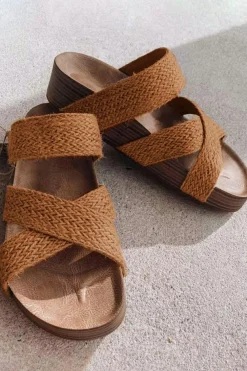 Online Dear-Lover Woven Cross Criss Hollowed Slip-On Slippers Brown