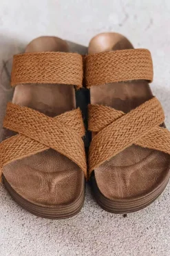 Online Dear-Lover Woven Cross Criss Hollowed Slip-On Slippers Brown