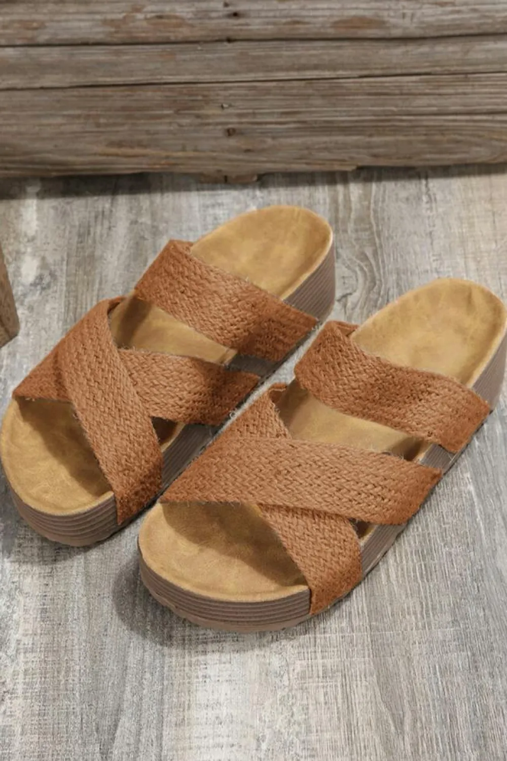 Online Dear-Lover Woven Cross Criss Hollowed Slip-On Slippers Brown