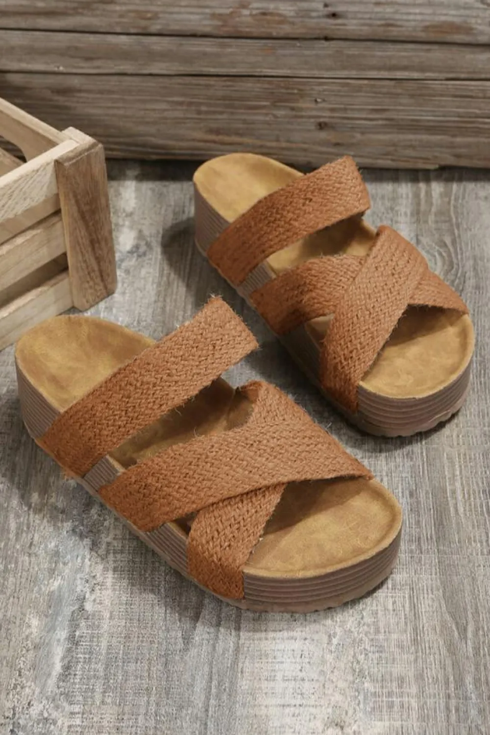 Online Dear-Lover Woven Cross Criss Hollowed Slip-On Slippers Brown