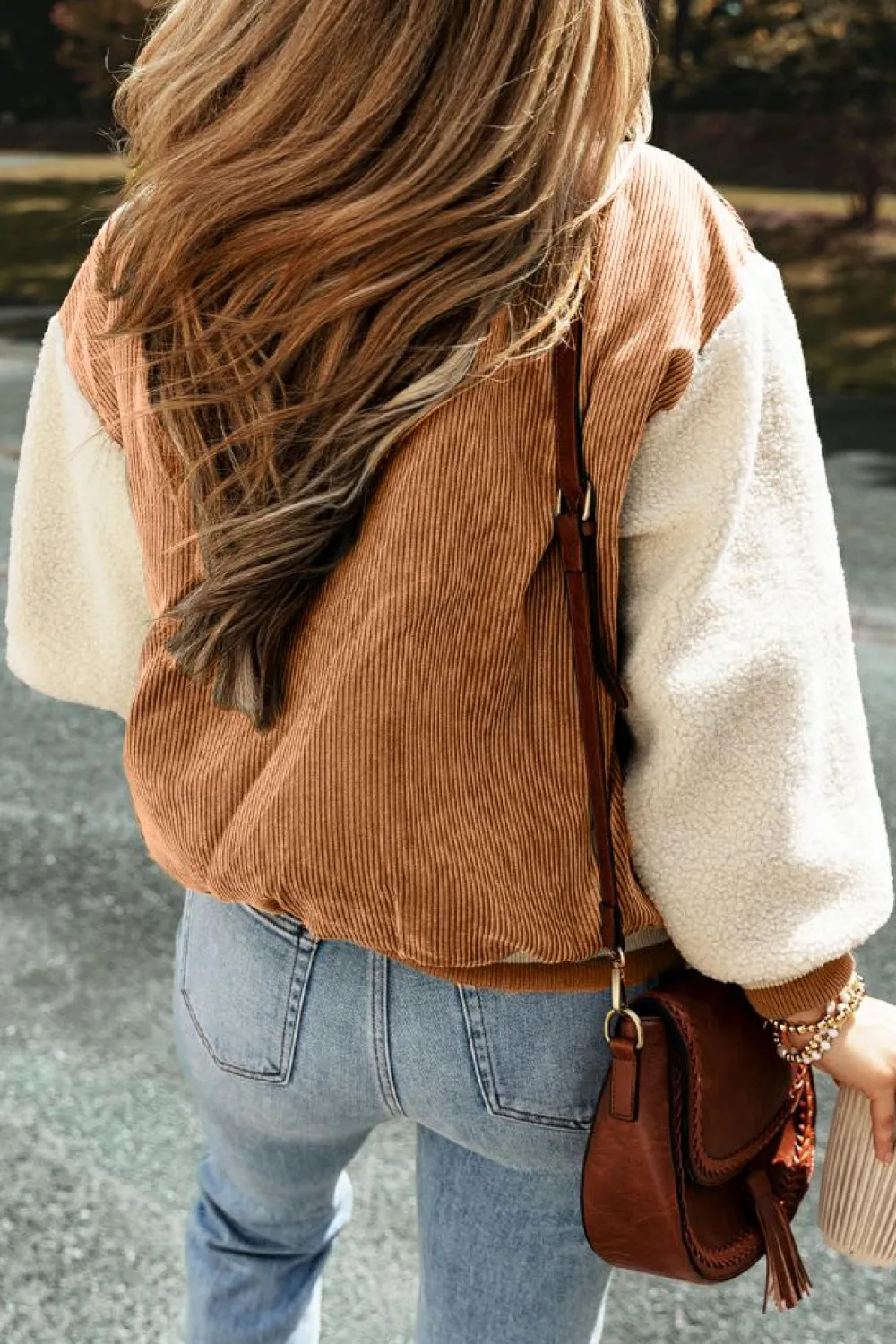 Online Dear-Lover Corduroy Fleece Patchwork Buttoned Bomber Jacket Buckskin