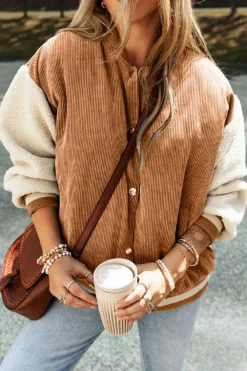 Online Dear-Lover Corduroy Fleece Patchwork Buttoned Bomber Jacket Buckskin