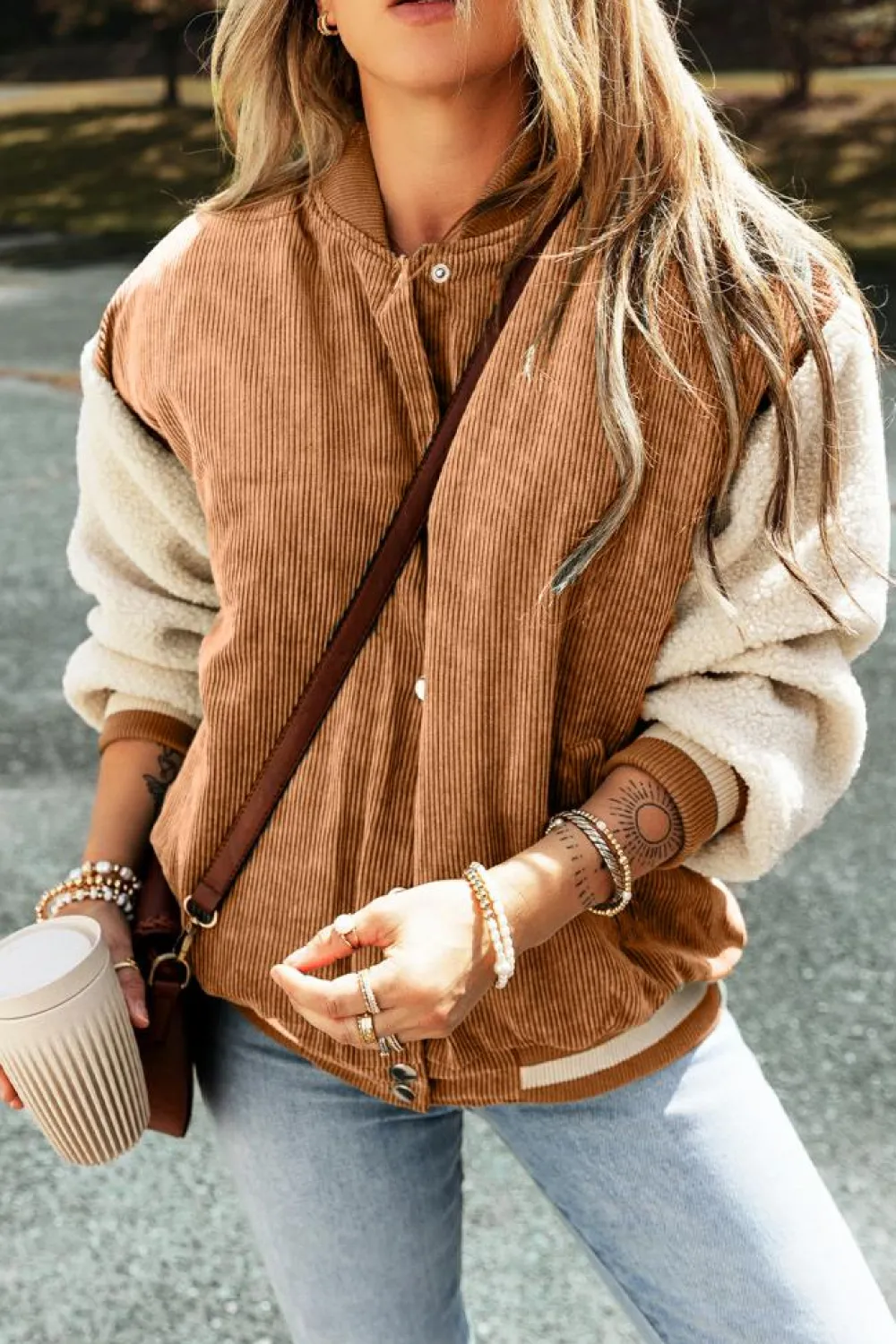 Online Dear-Lover Corduroy Fleece Patchwork Buttoned Bomber Jacket Buckskin
