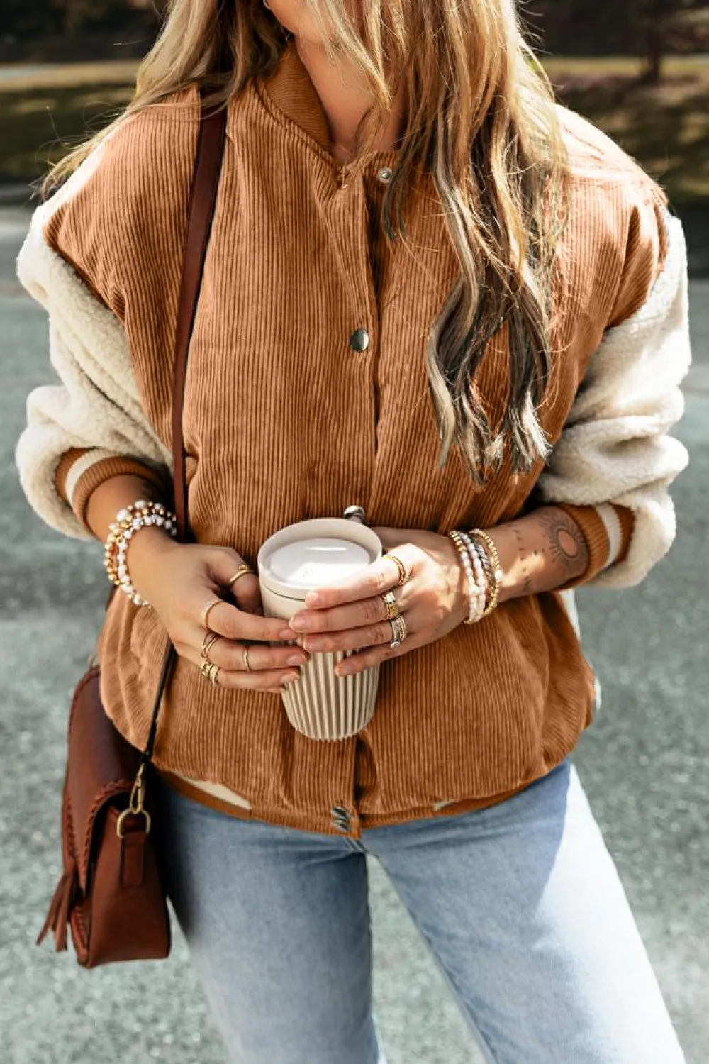 Online Dear-Lover Corduroy Fleece Patchwork Buttoned Bomber Jacket Buckskin