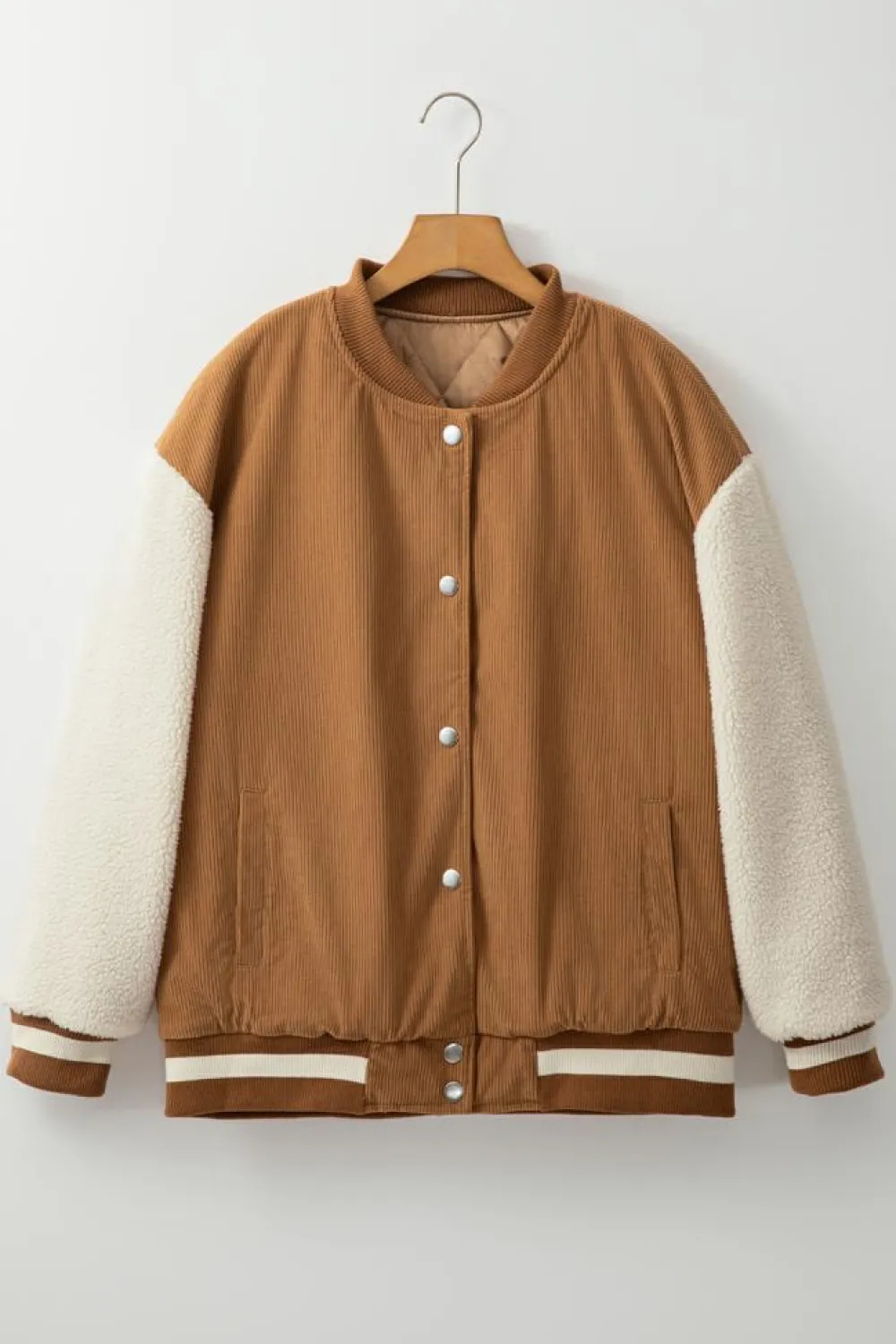 Online Dear-Lover Corduroy Fleece Patchwork Buttoned Bomber Jacket Buckskin