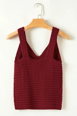 Hot Dear-Lover Cable Knit Pointelle Slim Fit V Neck Sweater Vest Burgundy