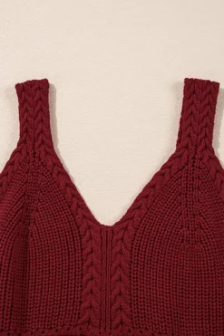 Hot Dear-Lover Cable Knit Pointelle Slim Fit V Neck Sweater Vest Burgundy
