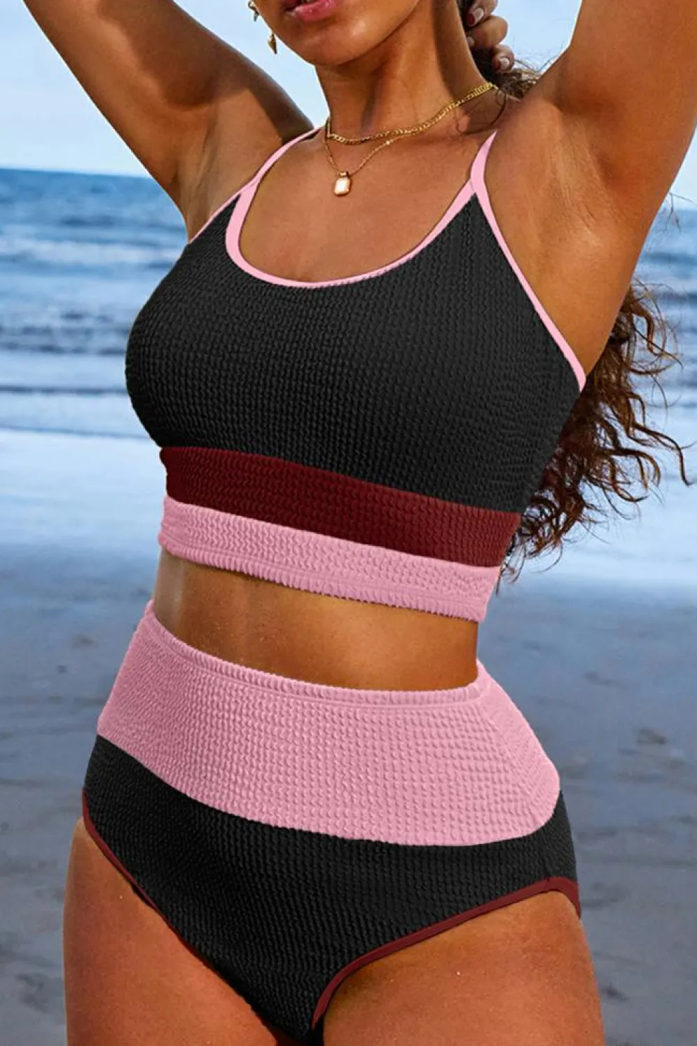 Online Dear-Lover Color Block High Waisted Sexy Bikini Set Burgundy