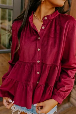 Discount Dear-Lover Corduroy Ruffle Tiered Buttoned O Neck Shirt Burgundy