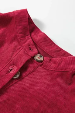 Discount Dear-Lover Corduroy Ruffle Tiered Buttoned O Neck Shirt Burgundy