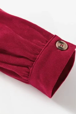 Discount Dear-Lover Corduroy Ruffle Tiered Buttoned O Neck Shirt Burgundy
