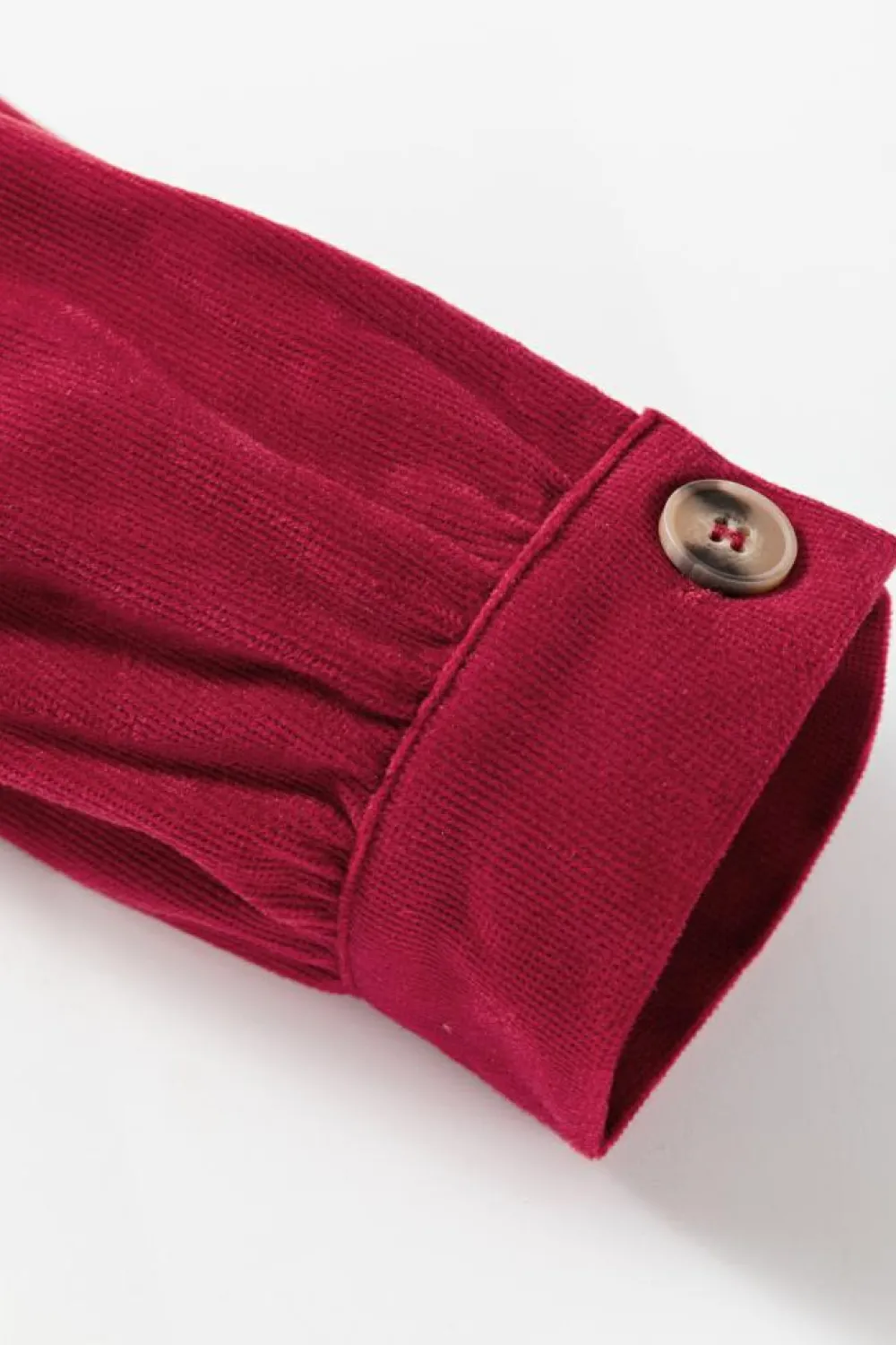 Discount Dear-Lover Corduroy Ruffle Tiered Buttoned O Neck Shirt Burgundy