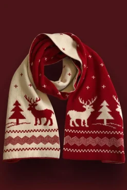 Clearance Dear-Lover Elk Christmas Tree Print Knitted Scarf Burgundy