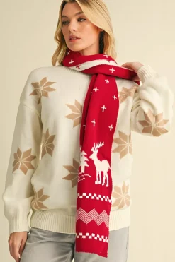 Clearance Dear-Lover Elk Christmas Tree Print Knitted Scarf Burgundy