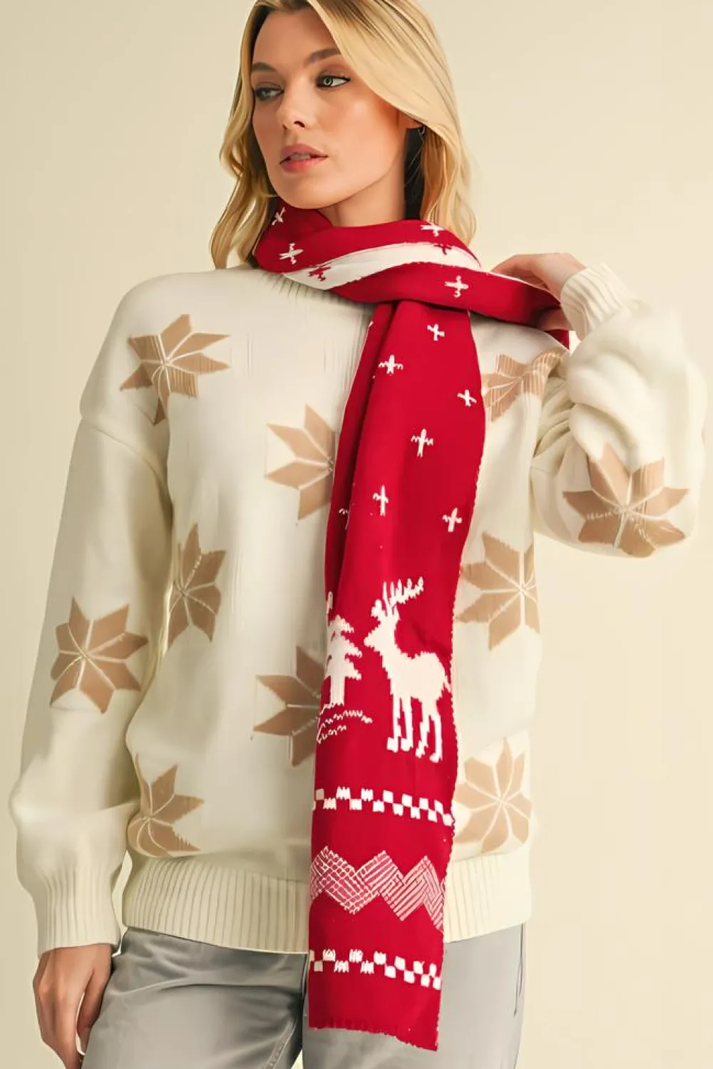 Clearance Dear-Lover Elk Christmas Tree Print Knitted Scarf Burgundy