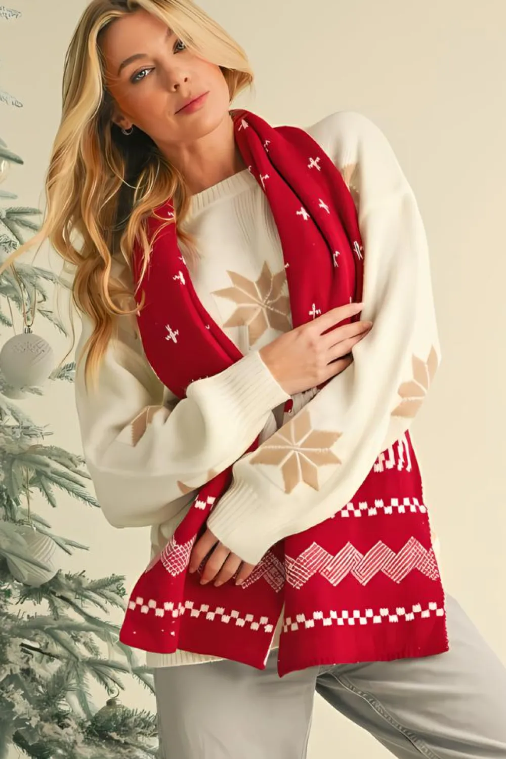 Clearance Dear-Lover Elk Christmas Tree Print Knitted Scarf Burgundy