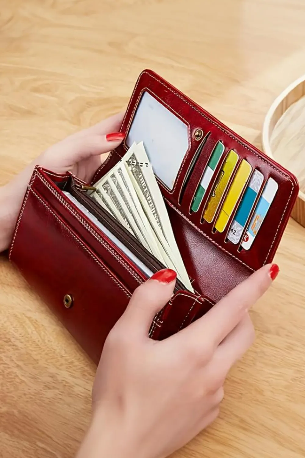 Outlet Dear-Lover Faux Leather Vintage Decor Bifold Long Wallet Burgundy