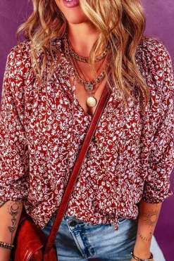 Online Dear-Lover Floral Print Smocked Tie Neck Blouse Burgundy