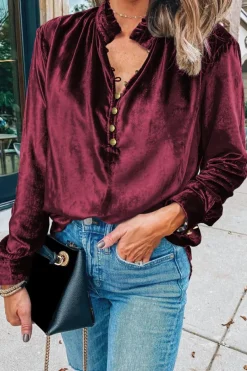 Best Dear-Lover Frilled Neck Buttoned Front Velvet Top Burgundy