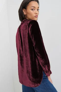 Best Dear-Lover Frilled Neck Buttoned Front Velvet Top Burgundy