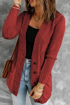 New Dear-Lover Burgundy Front Pocket and Buttons Closure Cardigan Fiery Red