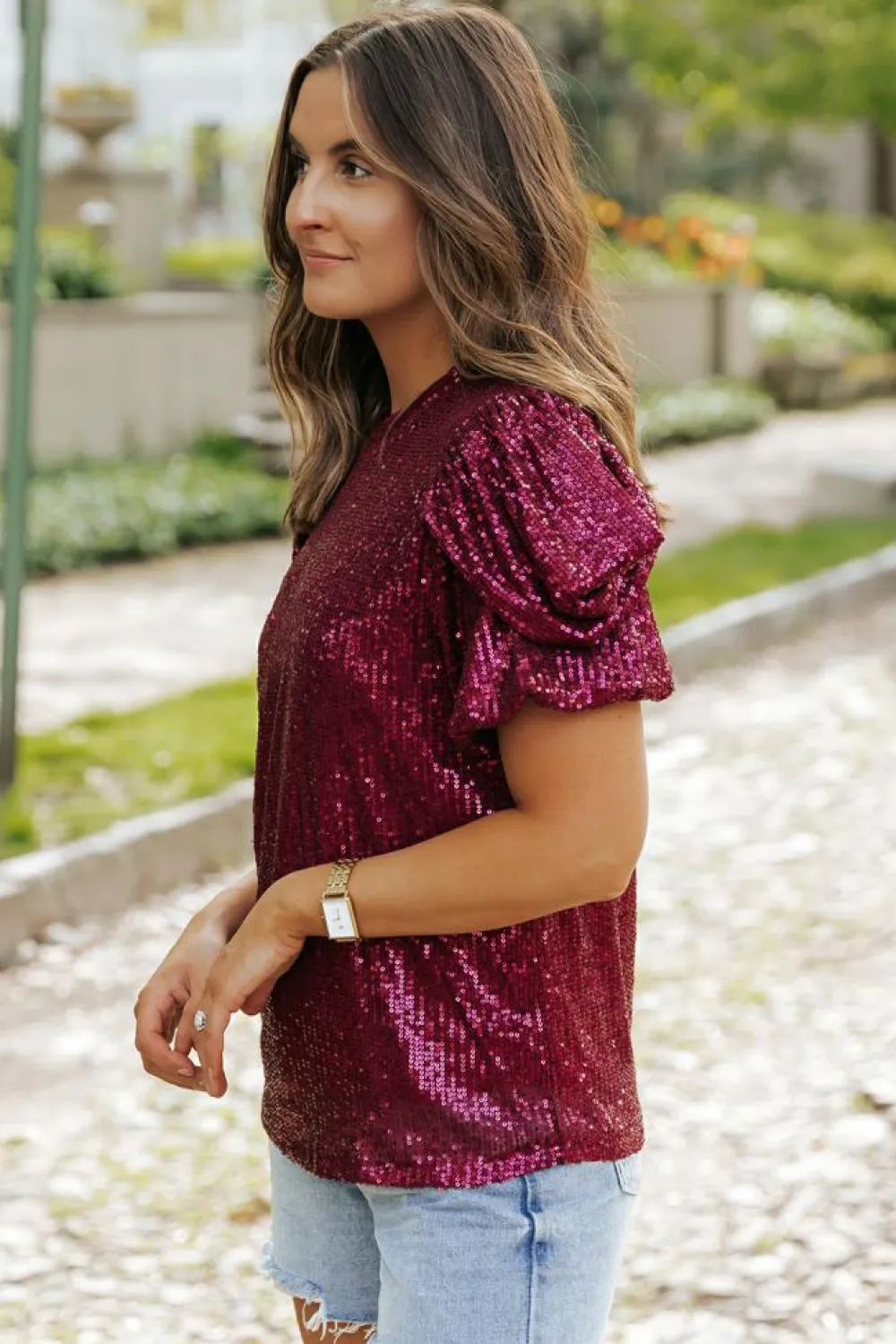 Clearance Dear-Lover Glittering Sequin Short Bubble Sleeve Blouse Burgundy