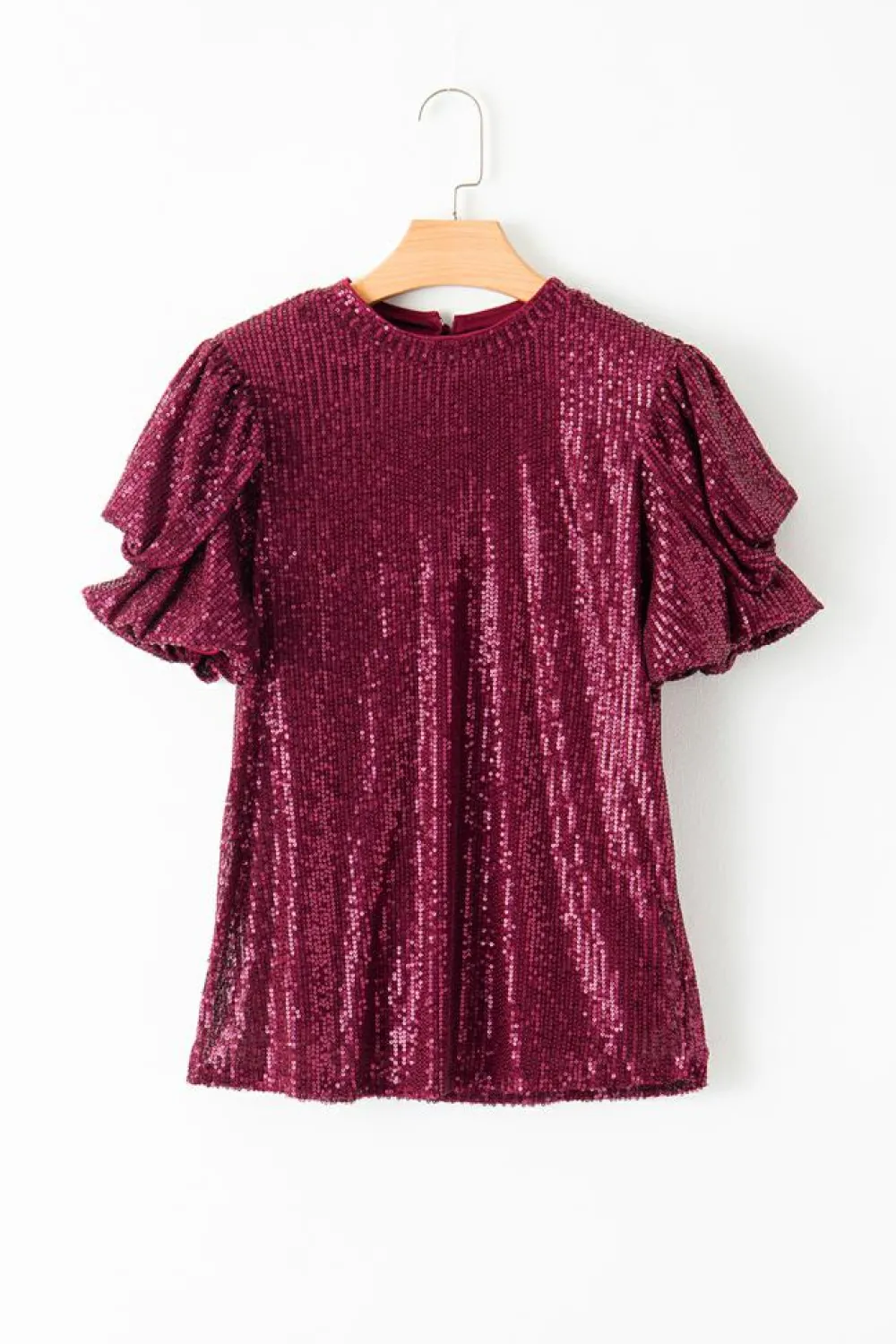 Clearance Dear-Lover Glittering Sequin Short Bubble Sleeve Blouse Burgundy