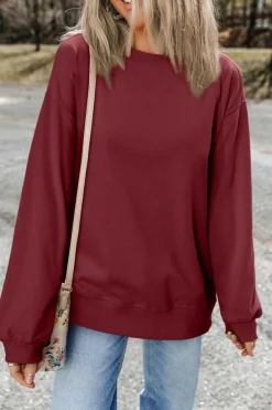 Hot Dear-Lover Plain Drop Shoulder Crewneck Pullover Sweatshirt Burgundy