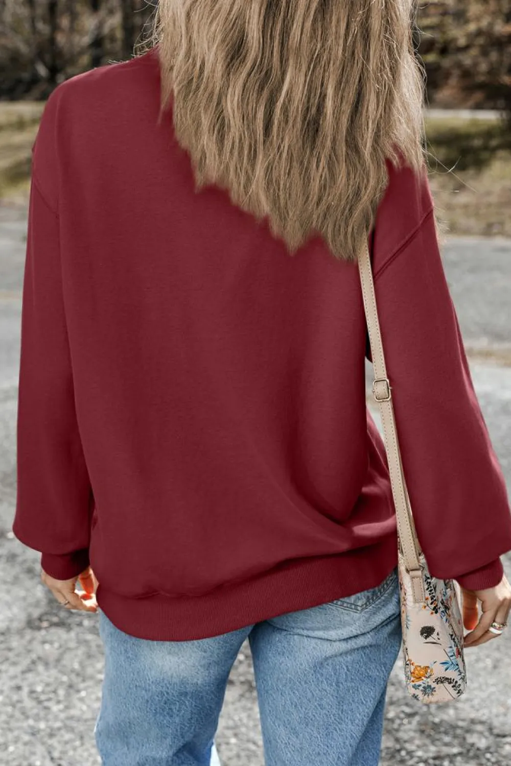 Hot Dear-Lover Plain Drop Shoulder Crewneck Pullover Sweatshirt Burgundy