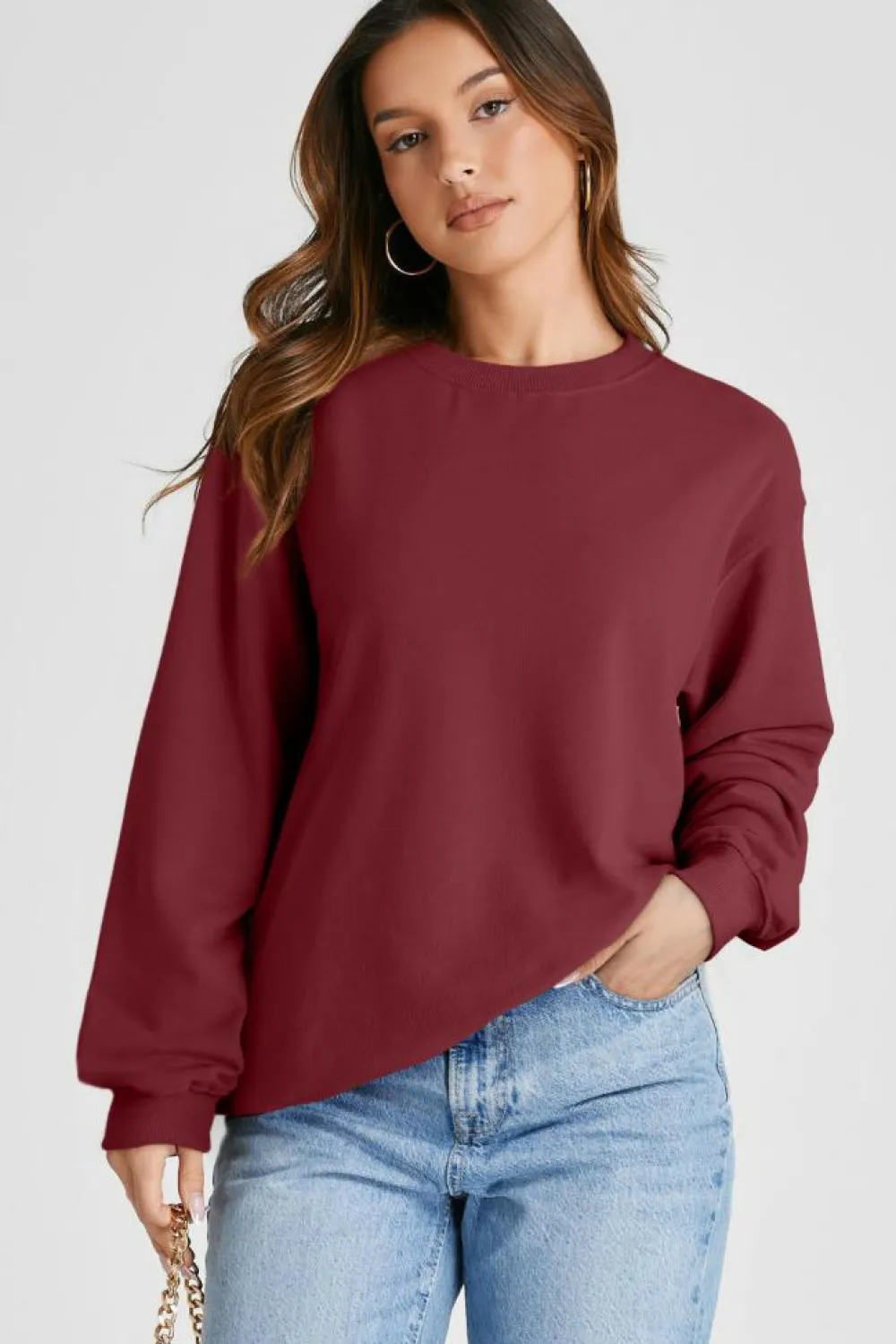 Hot Dear-Lover Plain Drop Shoulder Crewneck Pullover Sweatshirt Burgundy