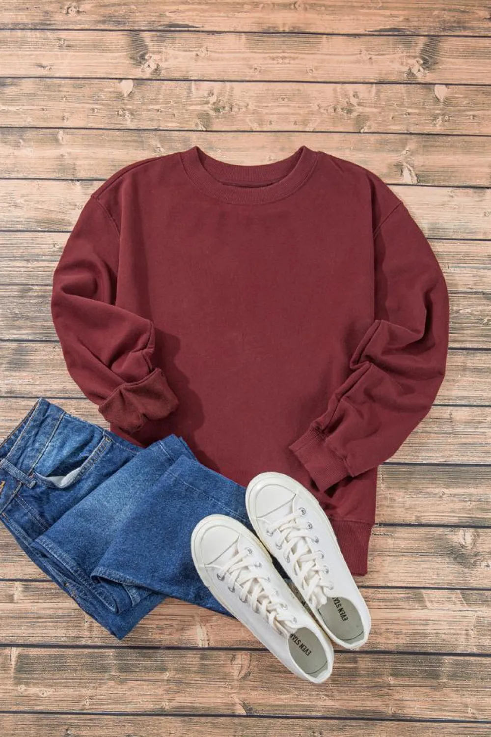 Hot Dear-Lover Plain Drop Shoulder Crewneck Pullover Sweatshirt Burgundy