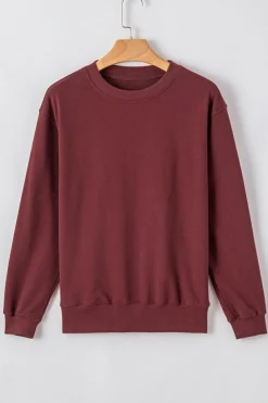 Hot Dear-Lover Plain Drop Shoulder Crewneck Pullover Sweatshirt Burgundy