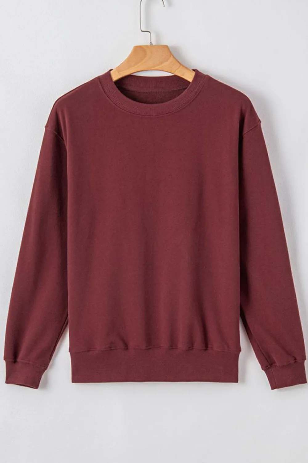 Hot Dear-Lover Plain Drop Shoulder Crewneck Pullover Sweatshirt Burgundy