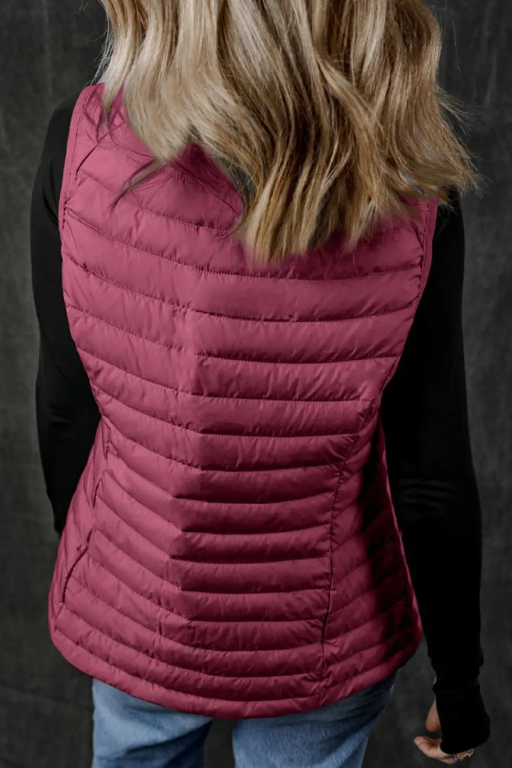 Clearance Dear-Lover Plush Collared Quilted Zipped Puffer Vest Burgundy