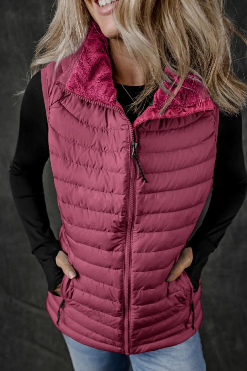 Clearance Dear-Lover Plush Collared Quilted Zipped Puffer Vest Burgundy