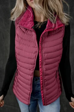 Clearance Dear-Lover Plush Collared Quilted Zipped Puffer Vest Burgundy